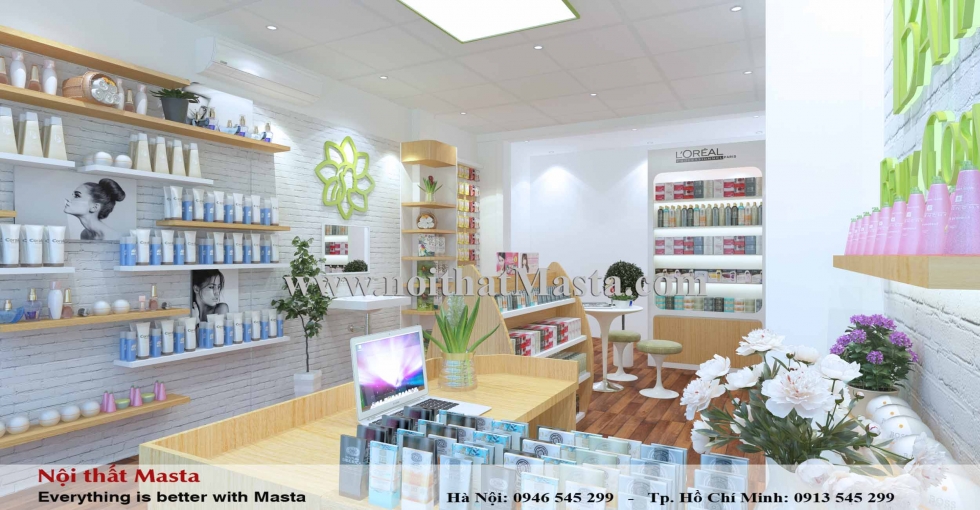 Hệ thống kệ trưng bày sản phẩm trong cửa hàng của chị Hằng